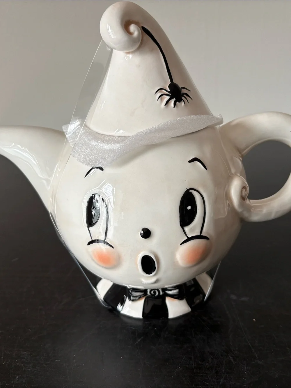 White Ceramic Ghost Teapot with Black Accents